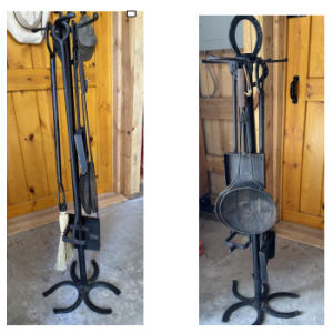 Vintage Forged Iron Fireplace Set on Stand: Preowned in excellent condition