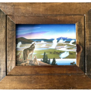 Framed Print of Yellowstone Wolves by Monte Dolack. Preowned in excellent condition
